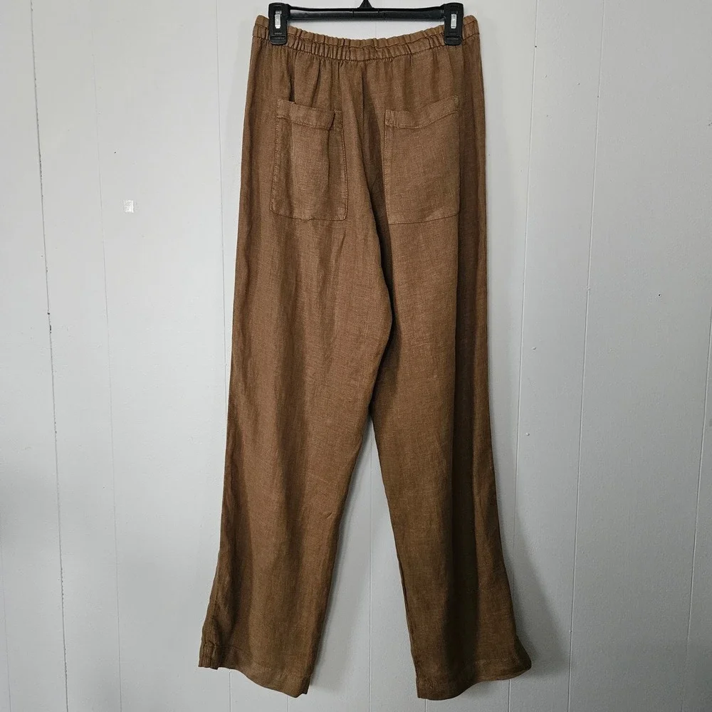 Zara Women Linen Pants M Brown Wide Leg‎ Elastic Waist Drawstring Sustainable